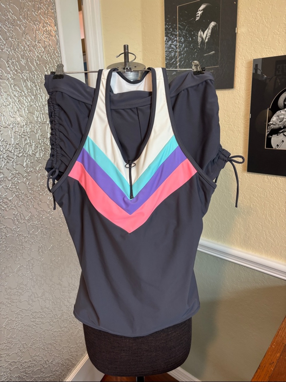 ZeroXposur Women's Dark Gray Tankini Top with White, Teal, Purple & Pink Chevron